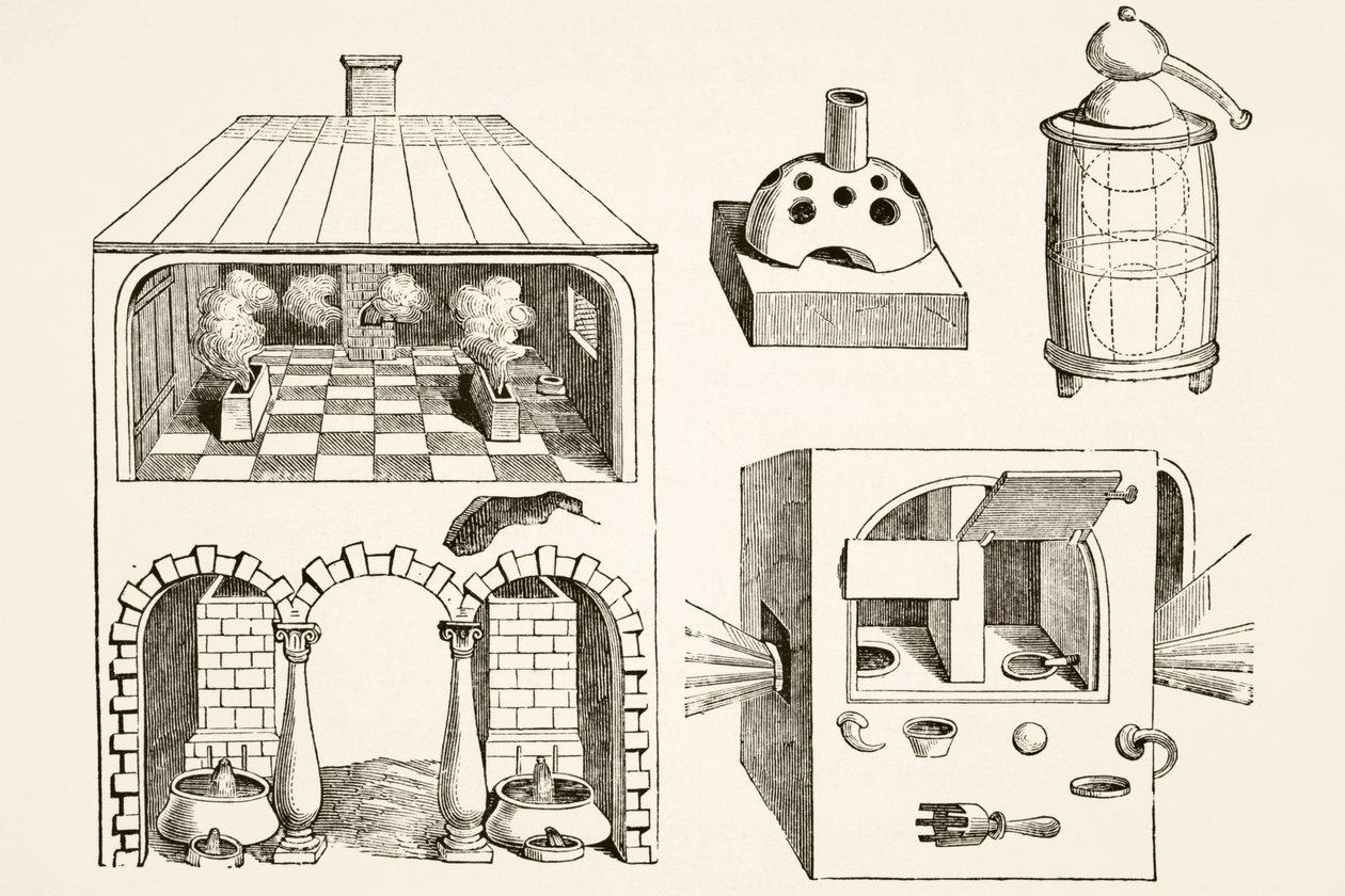 Furnaces and various apparatus used by chemists and alchemists in Middle Ages, after an engraving by Vriese, from Science and Literature in The Middle Ages by Paul Lacroix pub. London 1878 by French School