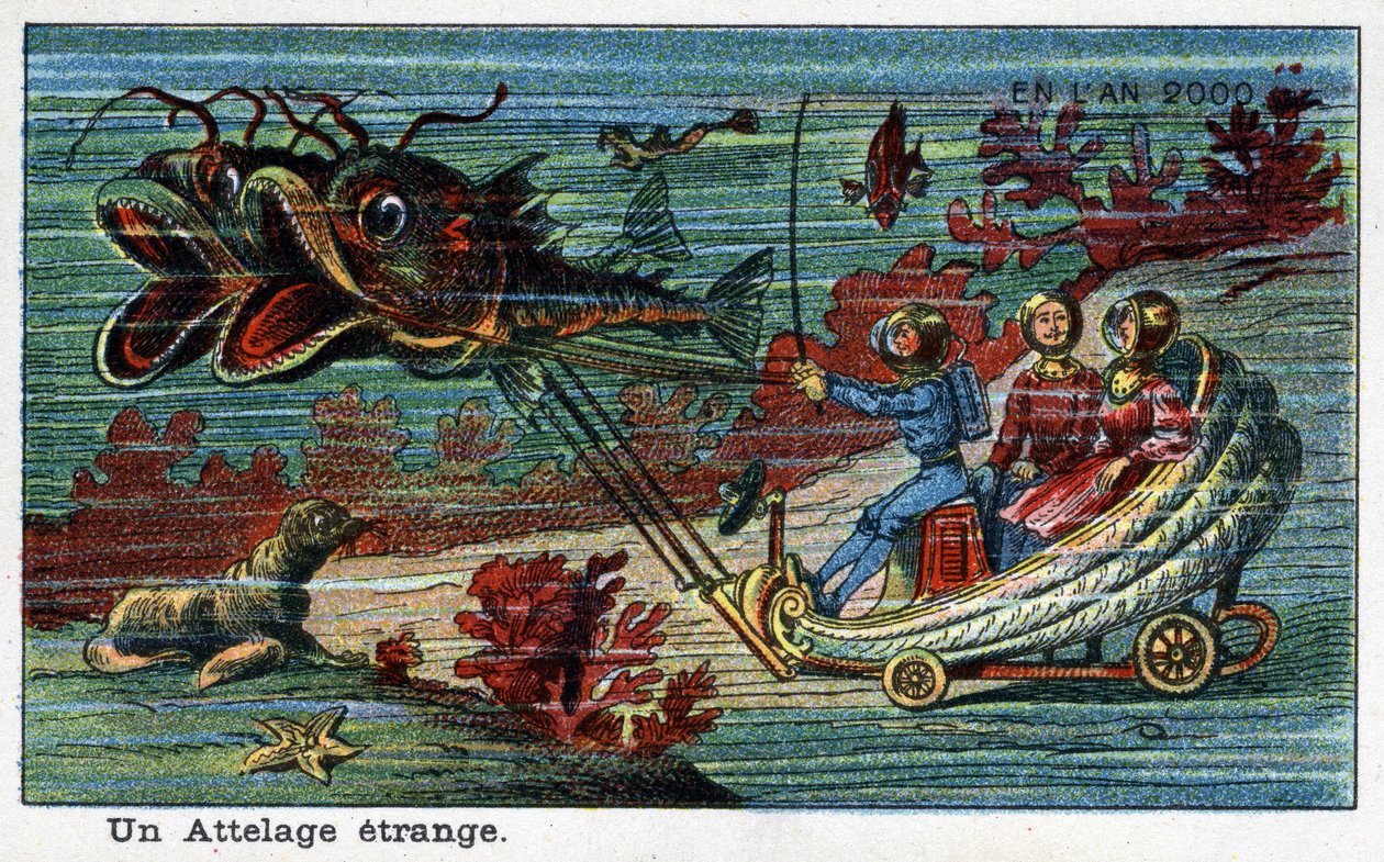 Futuredays: A Nineteenth Century Vision of the Year 2000 - Series “In the Year 2000”: A strange hitch (tank drawn by fish under sea). Chromolithography by Villemard by French School