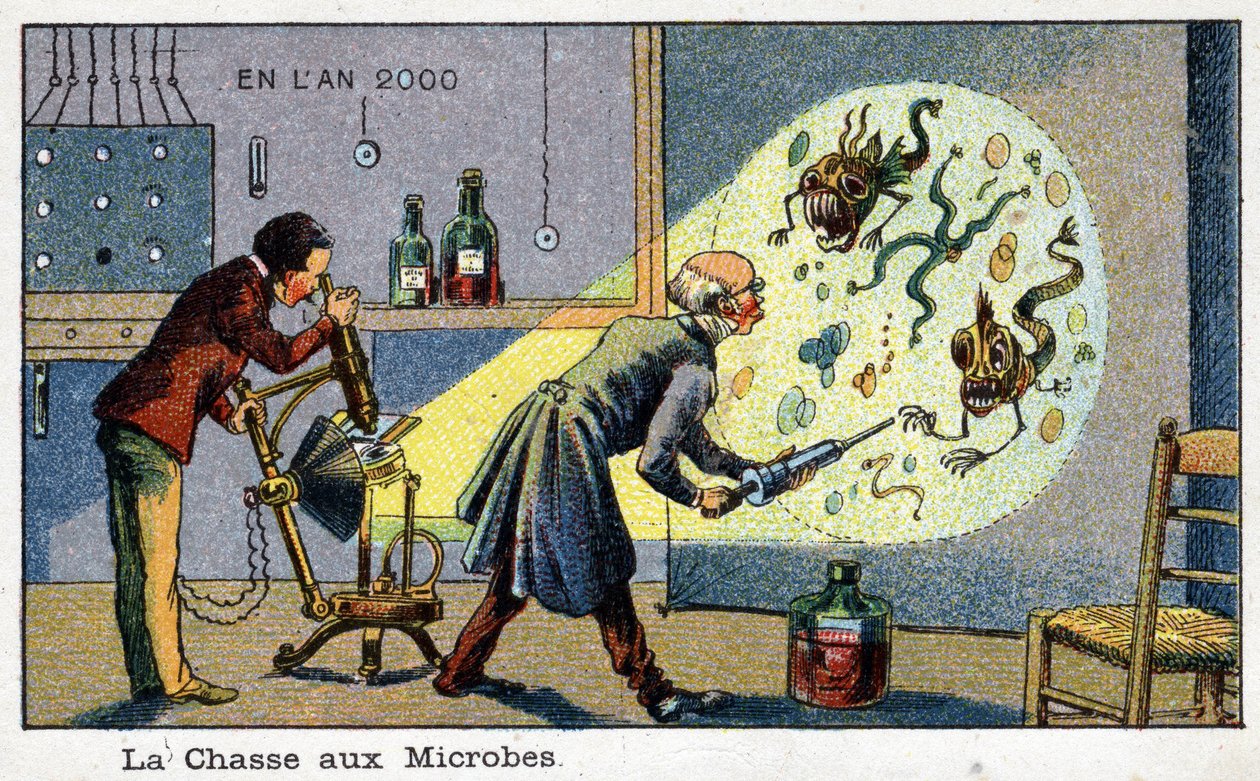 Futuredays: A Nineteenth Century Vision of the Year 2000 Series: The Hunting of Microbes (2 scientists removing enlarged microbes using a machine). Chromolithography by Villemard by French School