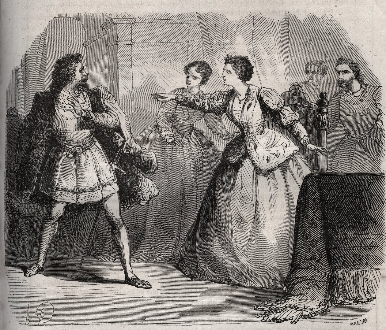 Gabrielle de Vergy Disputes Her Fiance, Eudes de Fayel, Who Is Jealous of the Friendship She Has with Her Cousin, Albert de Nozereau. Scene of a 12th Century Legend. Engraving from 1871 in 