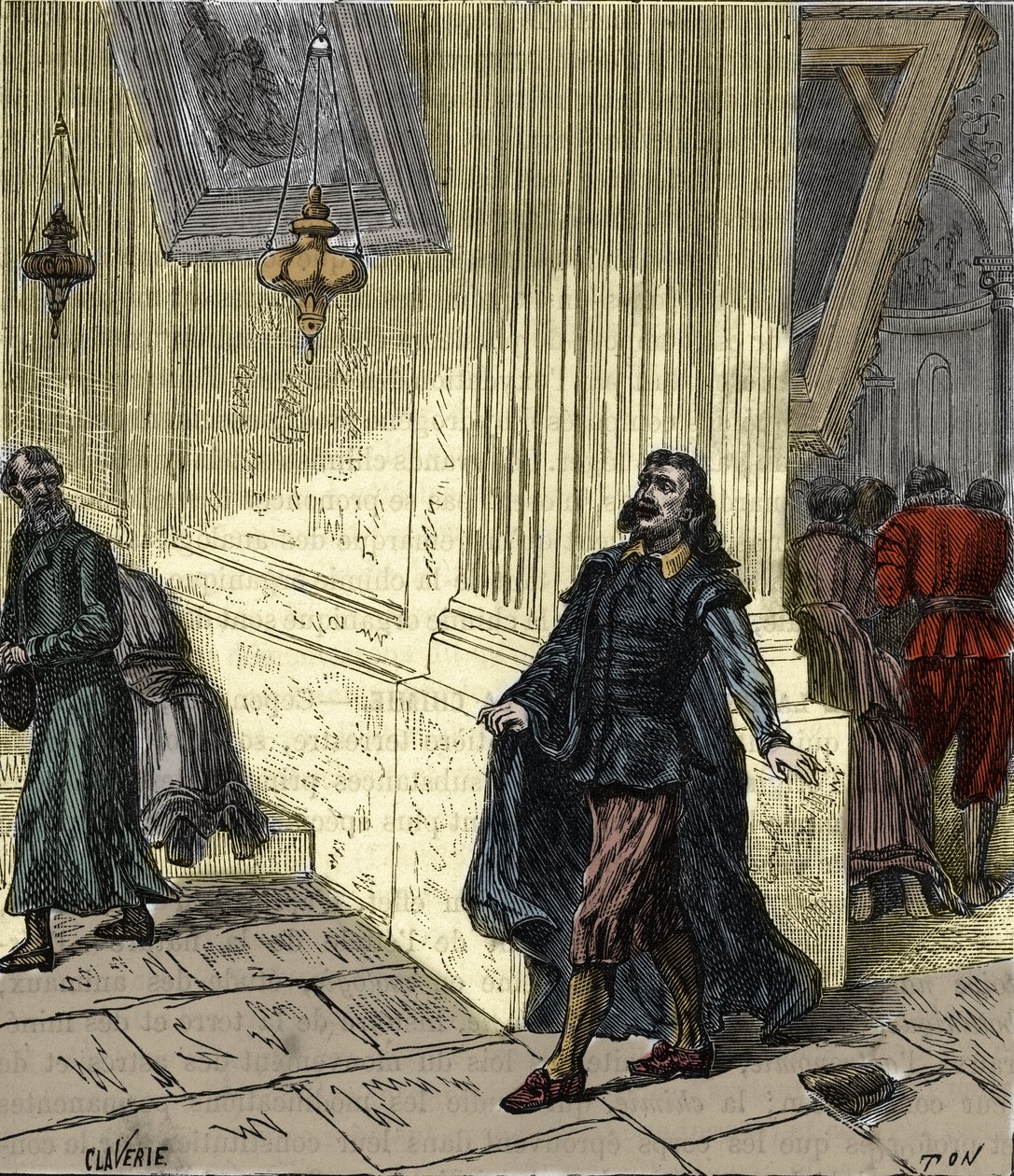Galileo Galilei (1564-1642), Italian scientist, observing the pendulum-like swinging of a lamp in Pisa Cathedral, Italy, in 1582 - Engraving in “Sciences brought to the graces of all - Popular physics and chemistry” by Alexis Clerc - End 19th century - Pri by French School