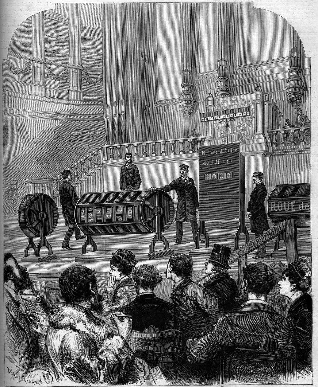 Game of chance: draw of the National Lottery in the Trocadero festivities hall on 6 January 1879 in Paris. Engraving in Le Monde Illustré n°1140 of 1 February 1879. by French School