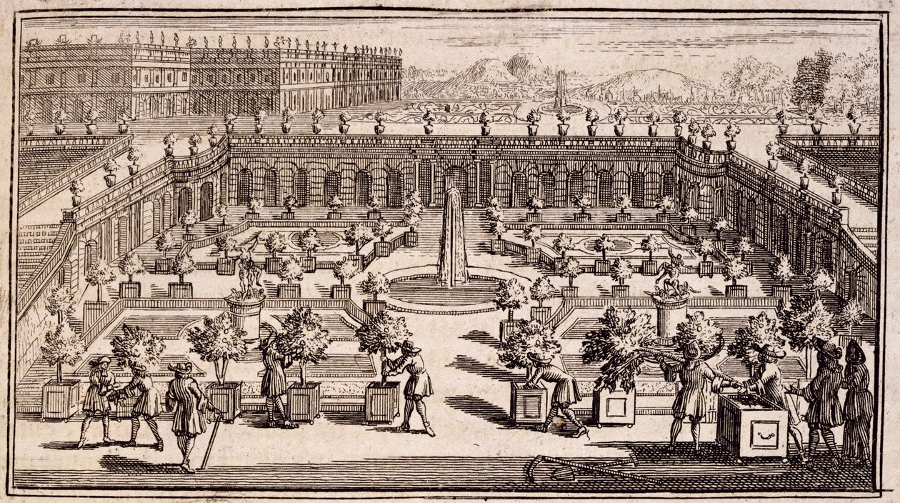 Gardeners working in an orange garden, from Le Parfait Jardinier, ou Instruction pour les Jardins Fruitiers et Potager, by Jean de la Quintinye by French School