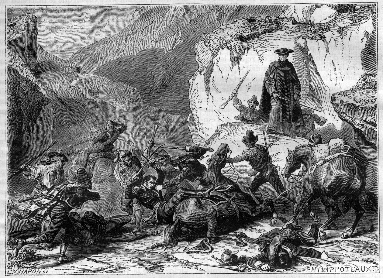 General Jean Baptiste, Baron Franceschi (Franceschi-Delonne) 1766-1813, stops during an ambush, not far from Zamora in Spain, strained by supporters of the defroque monk El Capuchino in 1809 - in History of the empire following the history of the consulat by French School