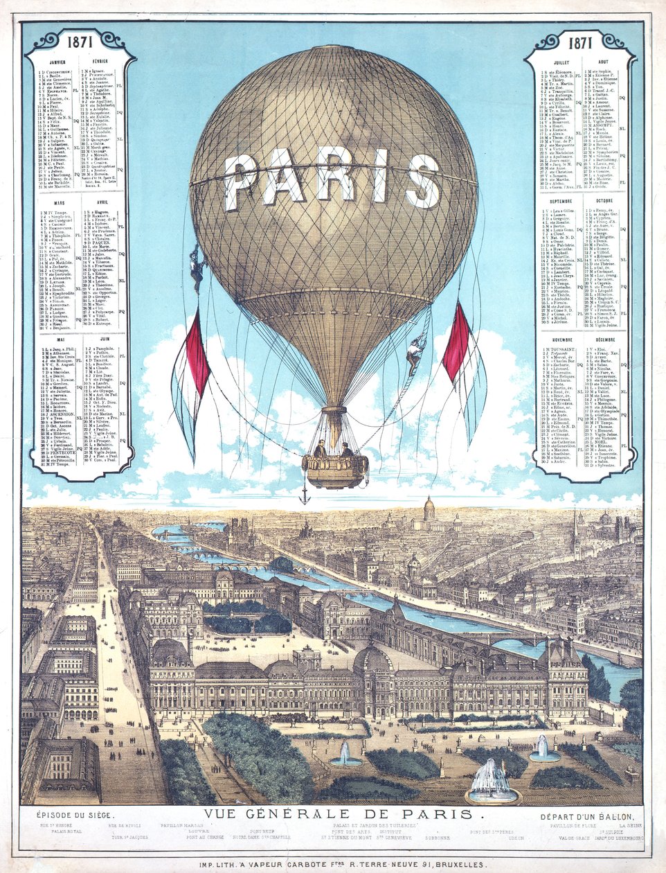 General View of Paris and list of balloon departure locations during the Paris Siege, 1871 by French School