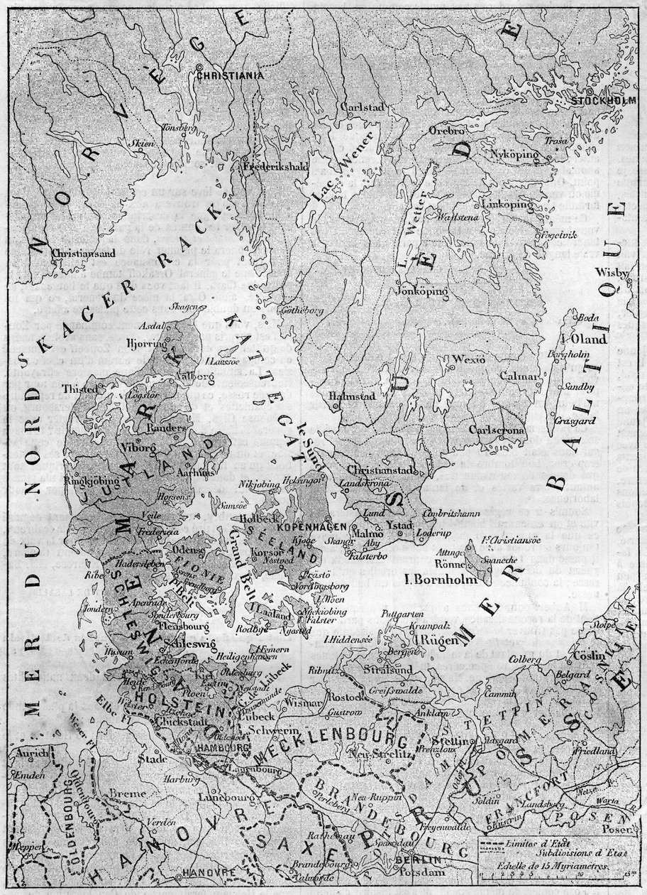 Geographic map of Denmark in 1861, with the Duchies of Schleswig, Holstein and Lauenburg (engraving in 