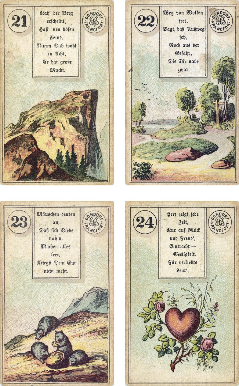 German edition of the Lenormand French cartomancy deck: The Mountain, The Road, The Mice, The Heart, published by Dondorf, Frankfurt, 19th Century by French School