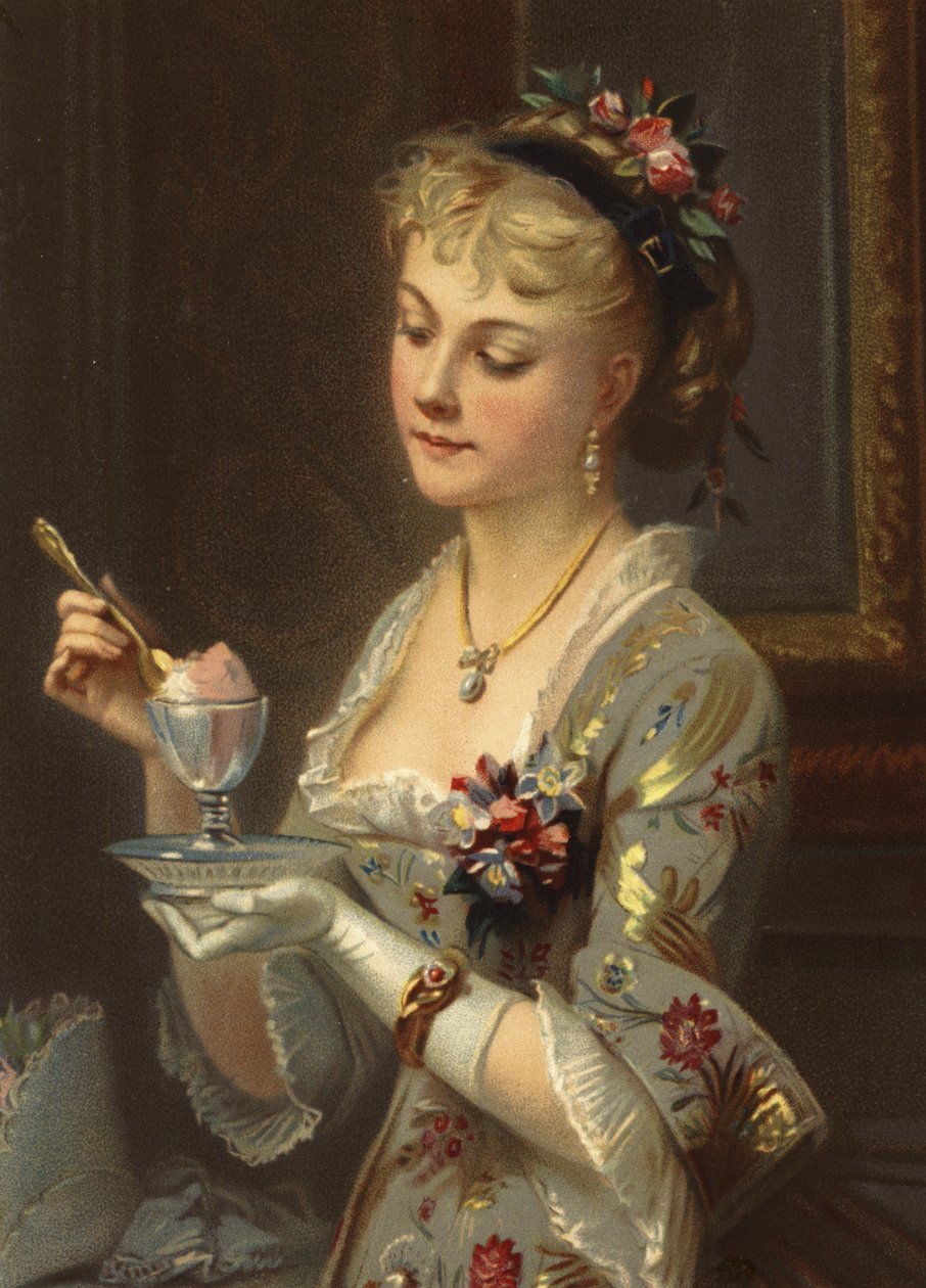 Girl eating sorbet with a gold spoon by French School