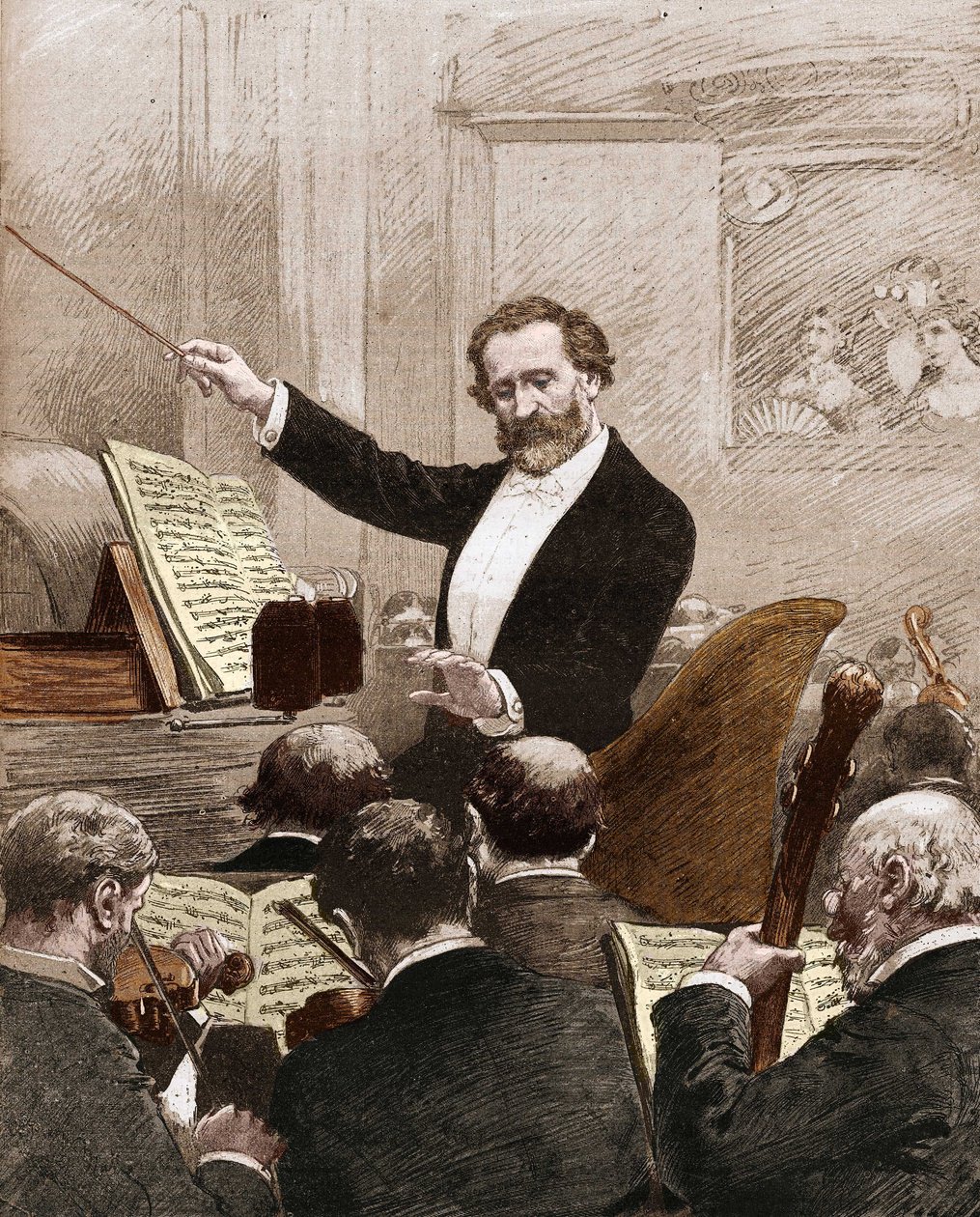 Giuseppe Verdi leading the opera orchestra to the first representation of Aida in Paris in 1880 by French School