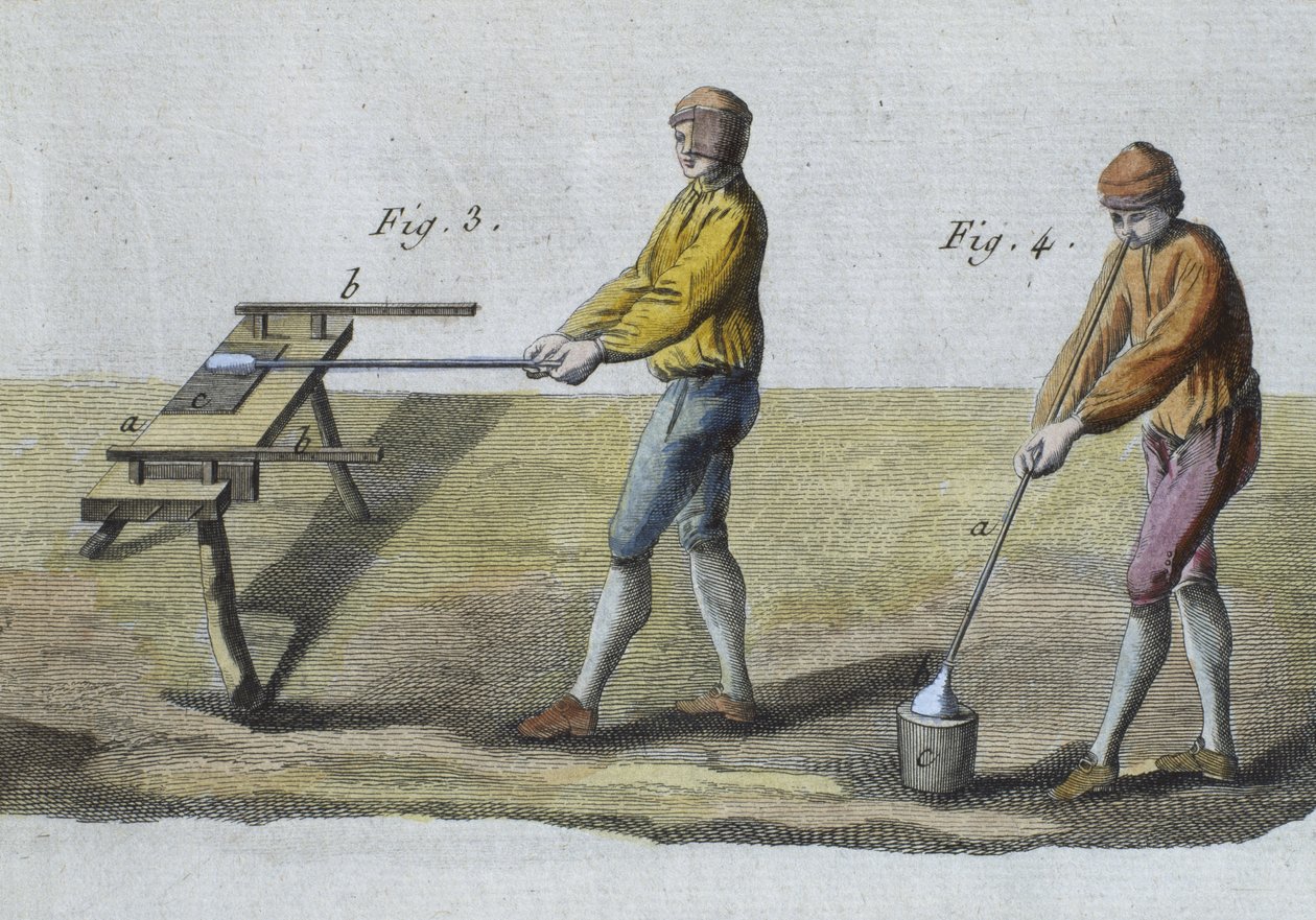 Glassblowing (detail), illustration from the Encyclopedie des Sciences et Metiers by Denis Diderot engraved by Robert Benard published c.1770 by French School