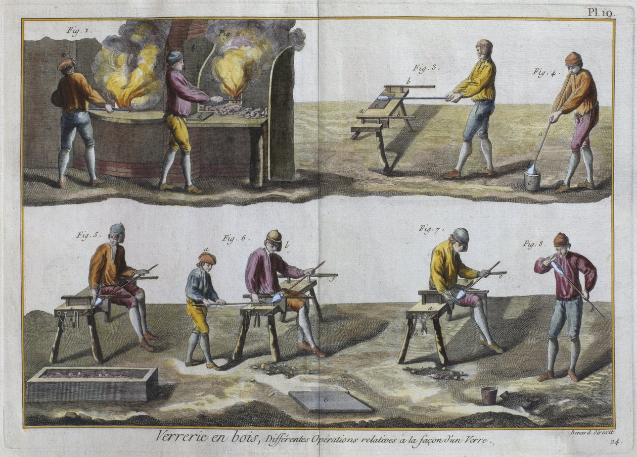 Glassblowing, illustration from the Encyclopedie des Sciences et Metiers by Denis Diderot engraved by Robert Benard published c.1770 by French School