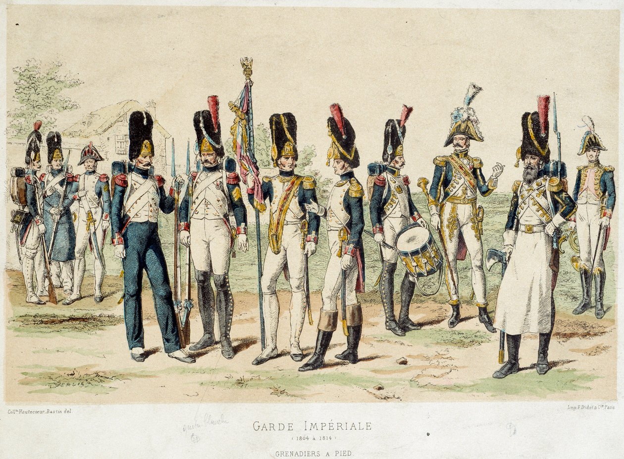 Grenadiers a foot of the Imperial Guard of Napoleon I. 19th century engraving. Paris, Decorative Arts by French School