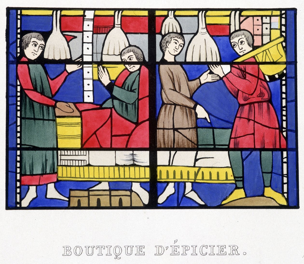 Grocer shop. Facsimile of a stained glass from the Middle Ages in 