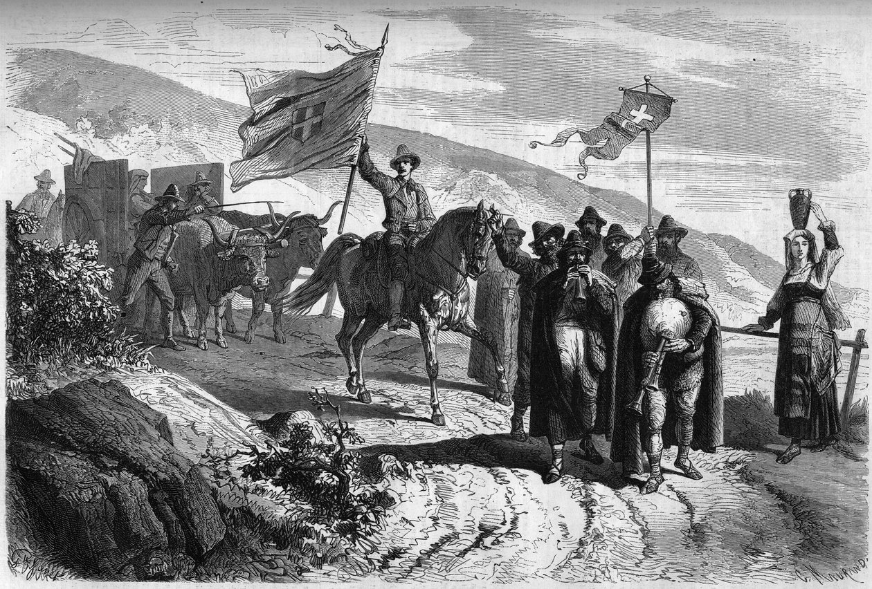 Group of "Pifferari" (beggars and walking musicians from Italy) leaving the province of Abbruzzo to Naples on the occasion of Holy Week. Engraving in "Le Monde Illustré" n°364 of April 2 by French School