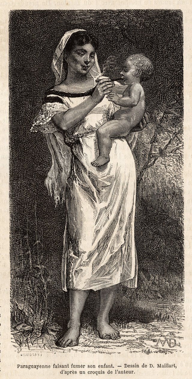 Guaranie woman smoking the cigar to her child, riding on her hip, to try to appease her cries, engraving after D. Maillart