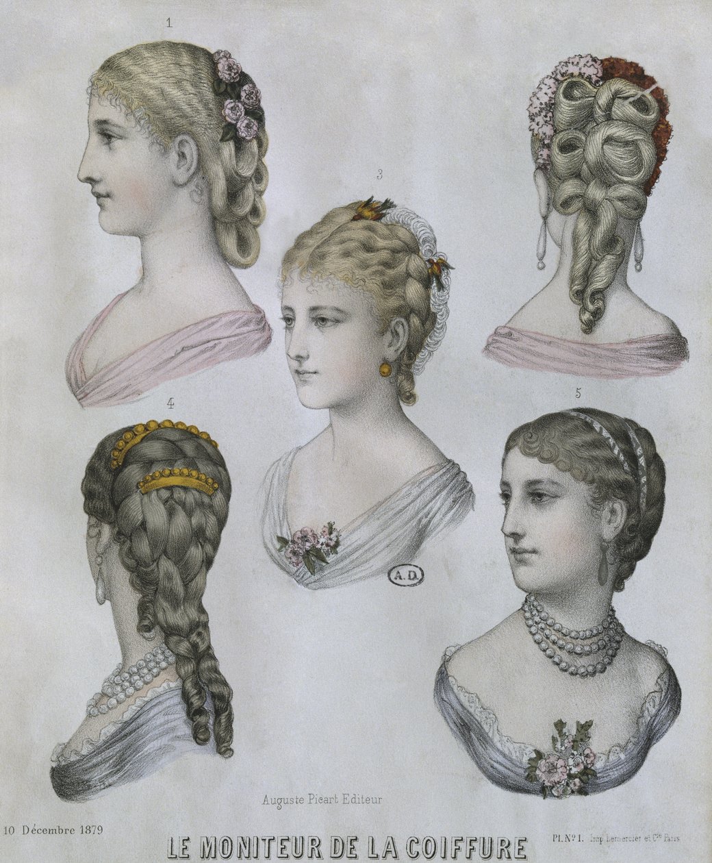 Hairstyles, illustration from Le Moniteur de la Coiffure, 10th December 1879 by French School