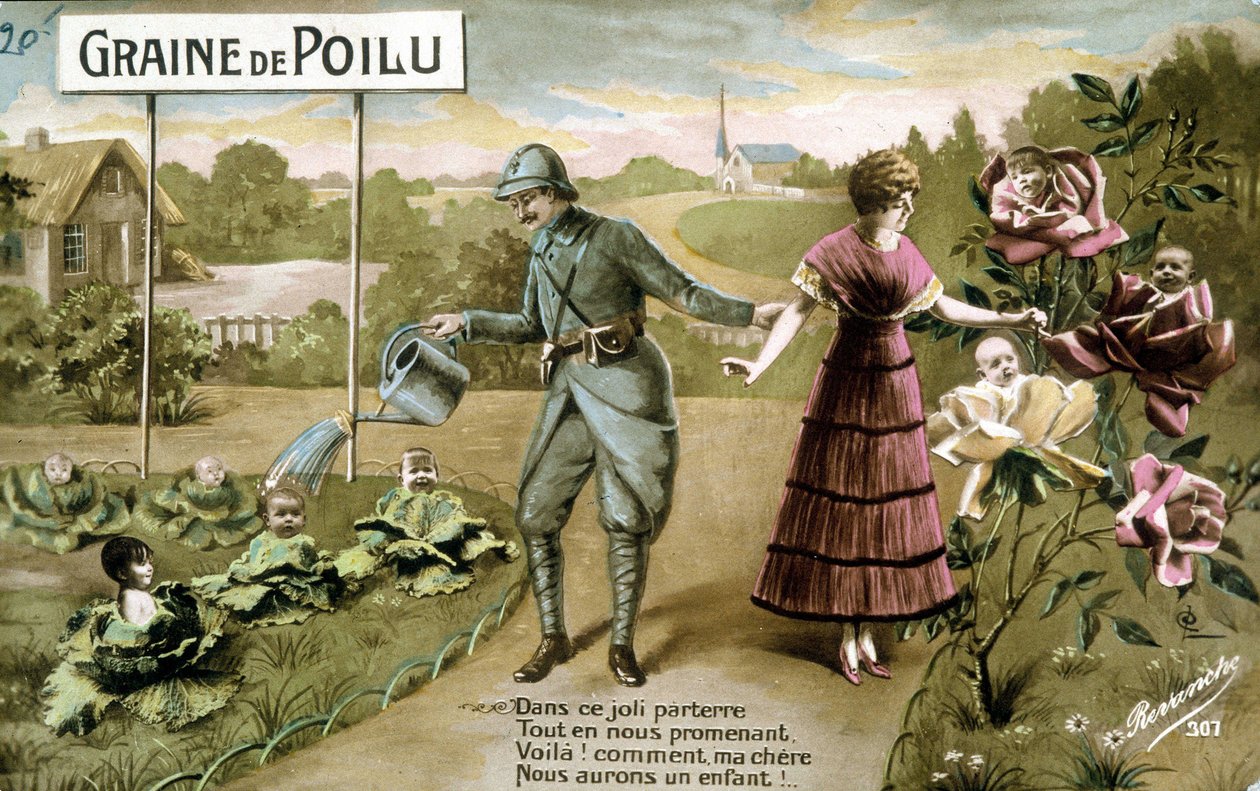 Hairy Seed: In This Lovely Floor While We Walk, Here You Go! How My Dear We Will Have a Child - Postcard on Birth, c. 1914 by French School