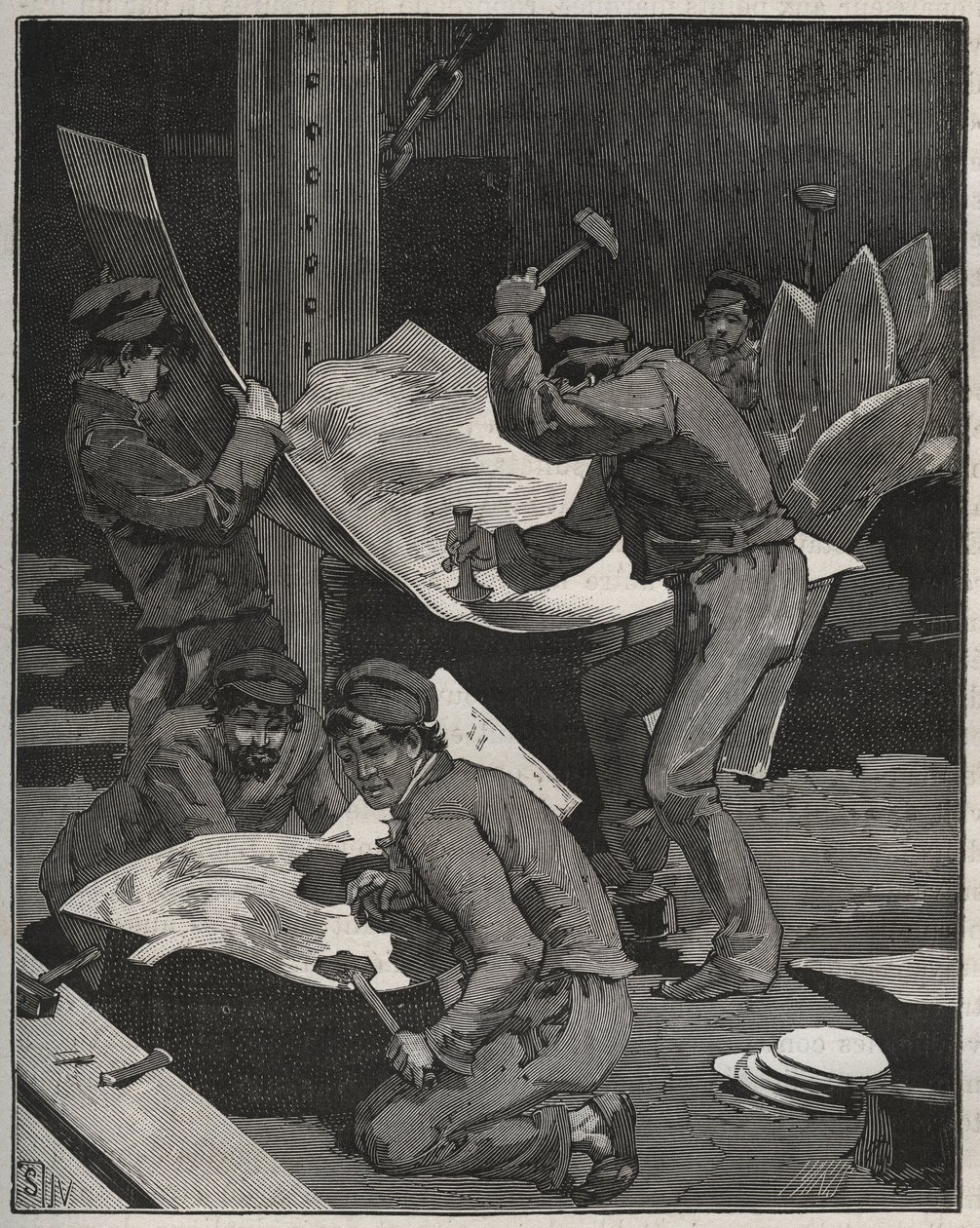 Hammering and assembling pieces of the Statue of Liberty made by Frederic Auguste Bartholdi. Engraving from 1880 in 