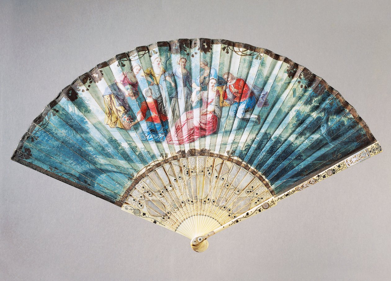 Hand Fan Depicting Dance and Play, Swan Leather with Ivory Guard Stick Inset with Mother of Pearl by French School