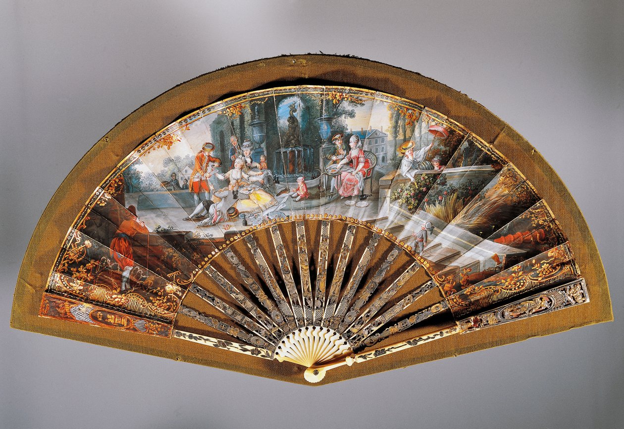 Hand Fan with Open-air Breakfast Scene, Painted Paper Fan, Pierced Ivory Guard Stick and Damascened with Gold and Silver by French School