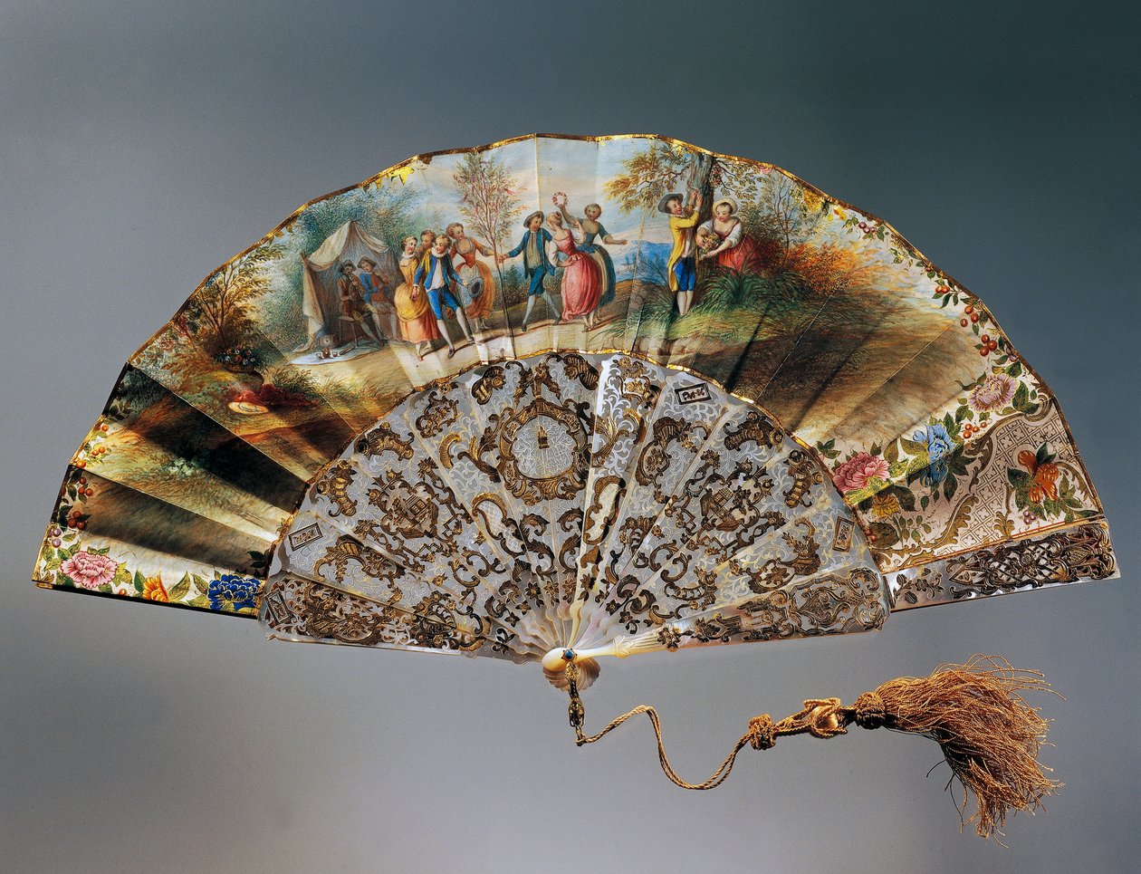 Hand Fan with Scene of Kids Playing, Paper Leaf with Watercolour Lithograph and Mother of Pearl Ribs by French School