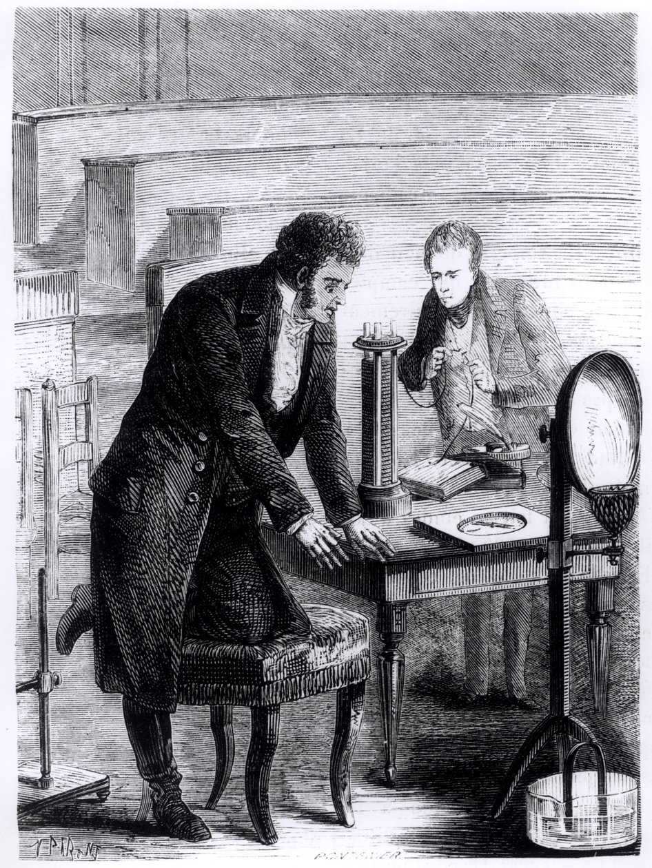Hans Christian Oersted discovering the deviation of the magnetic needle by closed current in 1820, from Les Merveilles de la Science by Louis Figuier, 1867 by French School