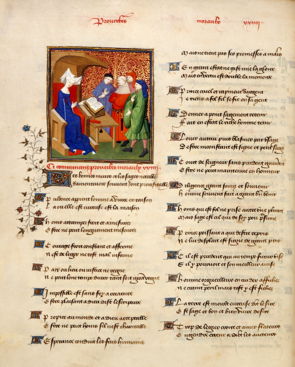 Miniature of a Woman Reading Moral Proverbs at the Beginning of the 