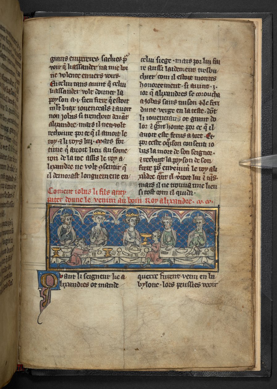 Harley 4979, f.78 Alexander receiving poison from Jobas during a feast, from 