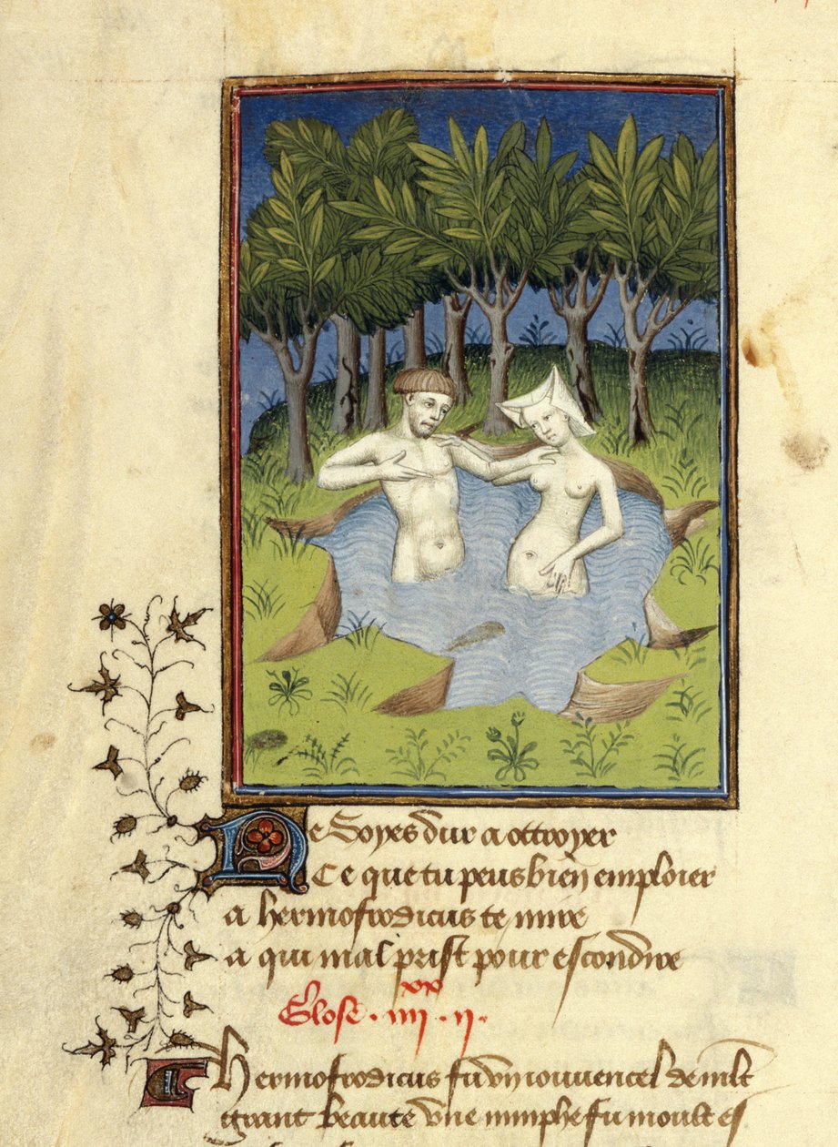 Harley MS 4431, f.132v, Miniature of Hermaphroditus and the nymph Salmacis bathing in a lake, from 