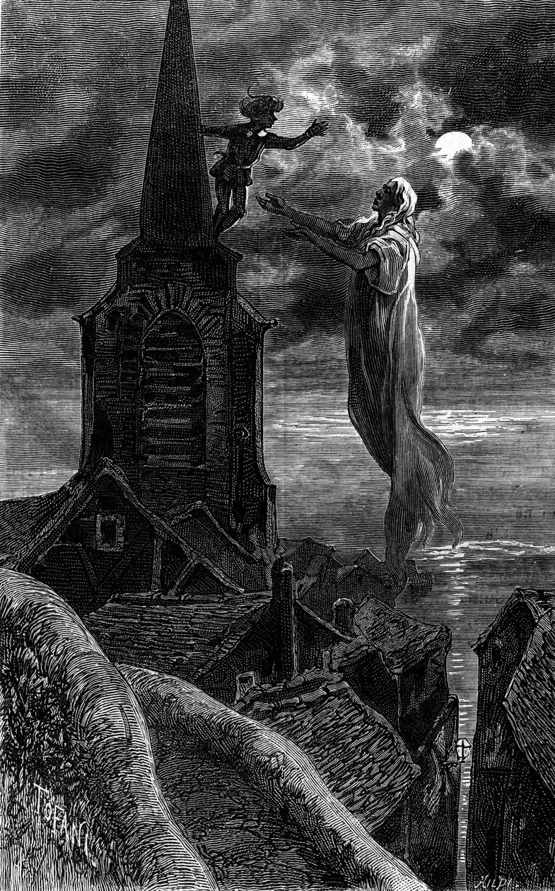 He appeared on the bell tower of the church. Engraving illustrating the novel Fire and Flame by Zenaide Fleuriot. In Le Journal de la jeunesse by French School