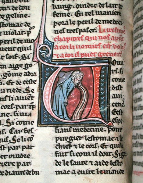 Historiated initial depicting a man vomiting by French School