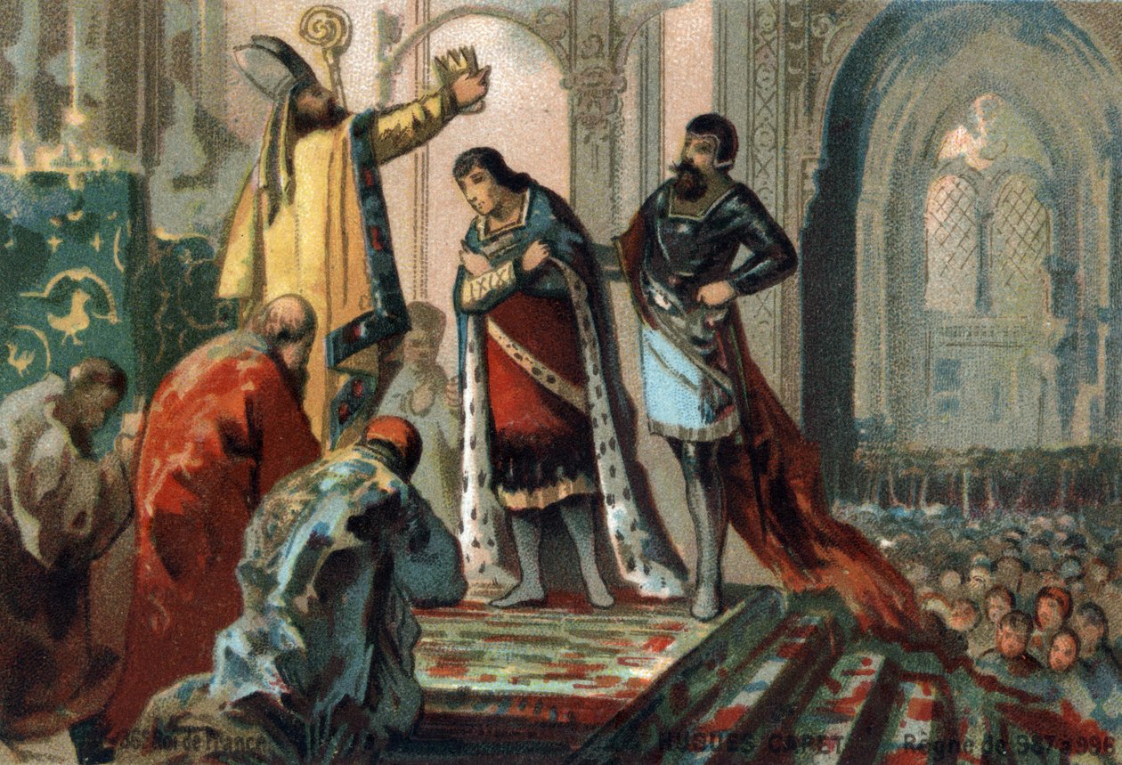 Hugues Capet, King of France from 987 to 996, made his son, the future Robert II the Pious (972-1031), sacred by Adalberon (circa 925-990), Archbishop of Reims, at the Cathedral of Orleans to establish the principle of heredity, 987. Chromolithograph by French School