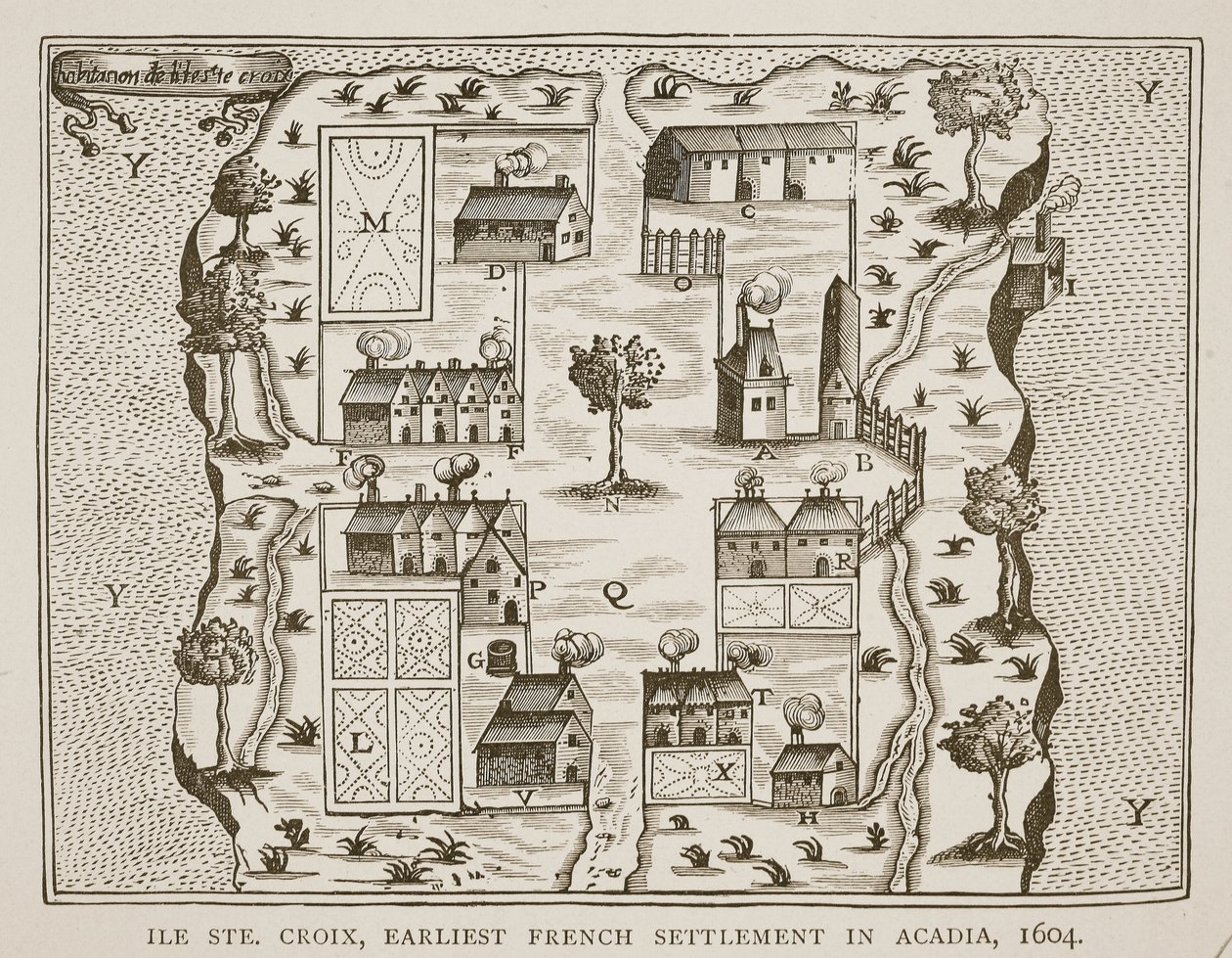 Ile Ste. Croix, the earliest French Settlement in Acadia, 1604, from Voyages by Samuel de Champlain, 1613 by French School
