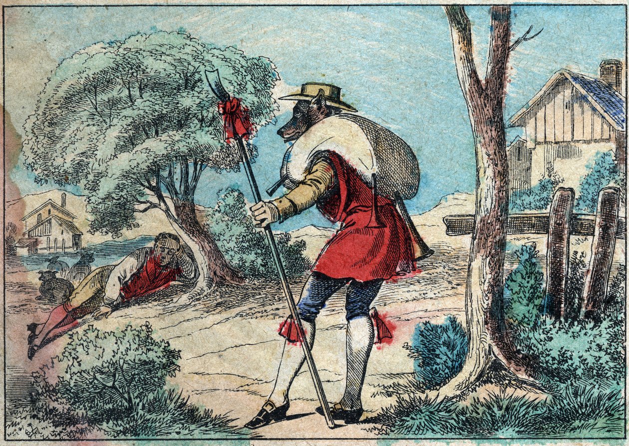 Illustration of the fable by Jean de la Fontaine (1621-1695): the wolf became a shepherd. Epinal imaging of the late 19th century. by French School