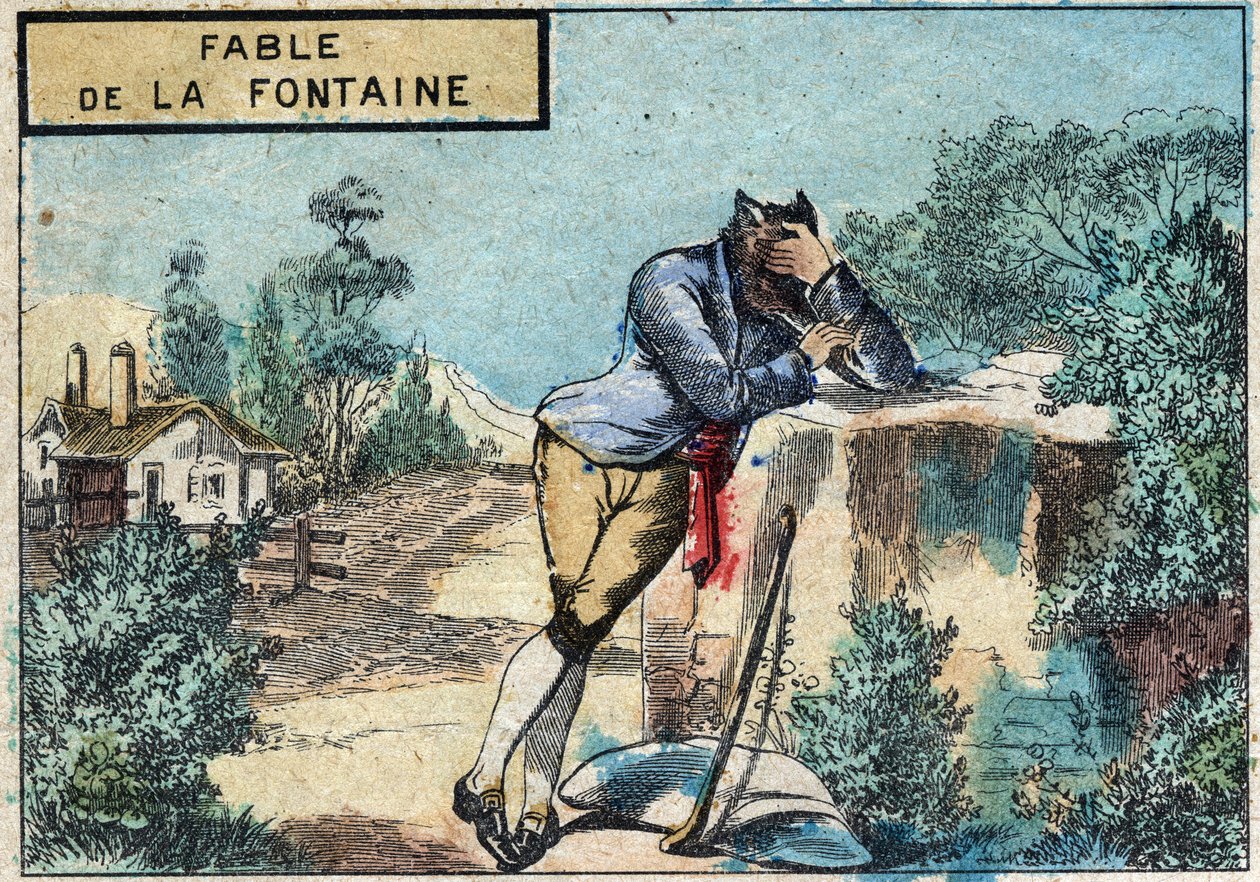 Illustration of the fable by Jean de la Fontaine: The Wolf Became a Shepherd. Epinal imaging of the late 19th century. by French School