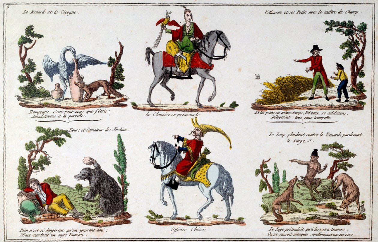 Illustration plate for the fables by Jean de La Fontaine: the Fox and the Stork, the Chinese walking, the bear and the garden lover, the Chinese officer. Engraving by French School