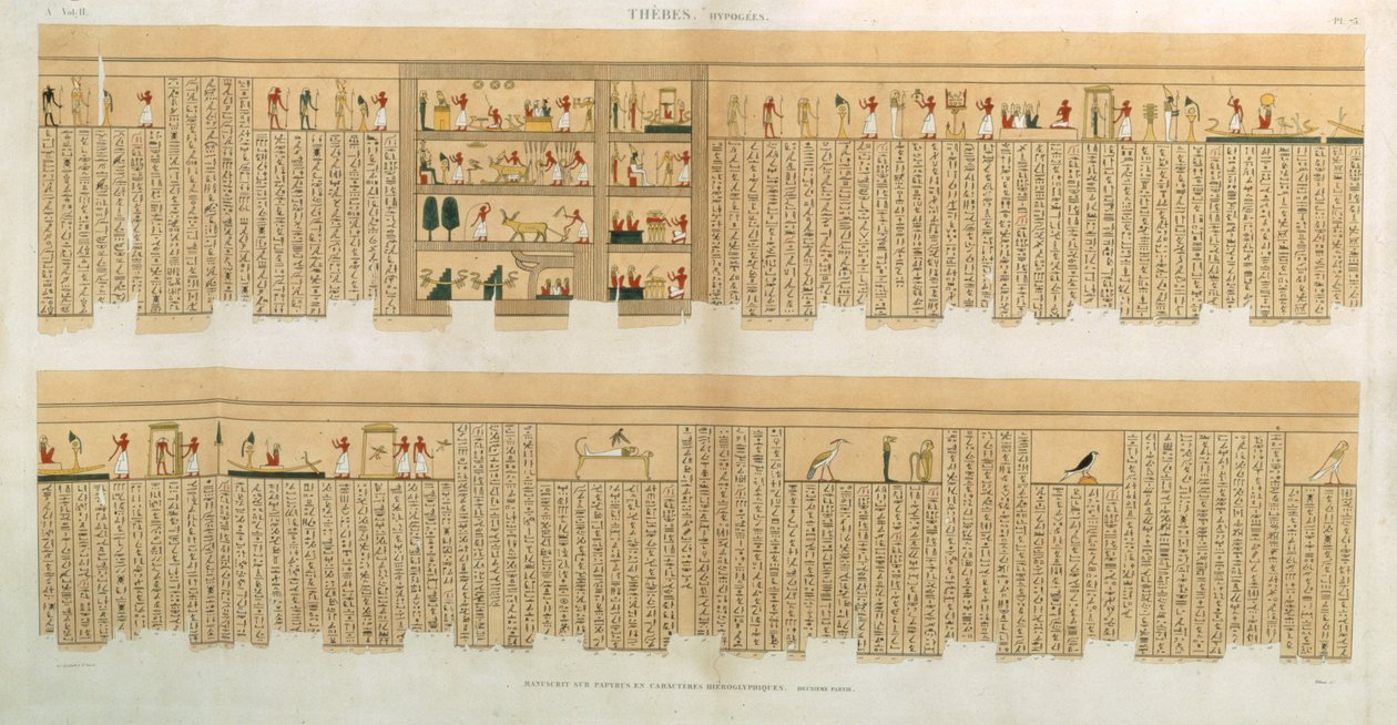 Illustrations of a Pampus manuscript with hieroglyphics, Hypogees, Thebes, plate 75 from Vol II of Descriptions of Egypt by French School