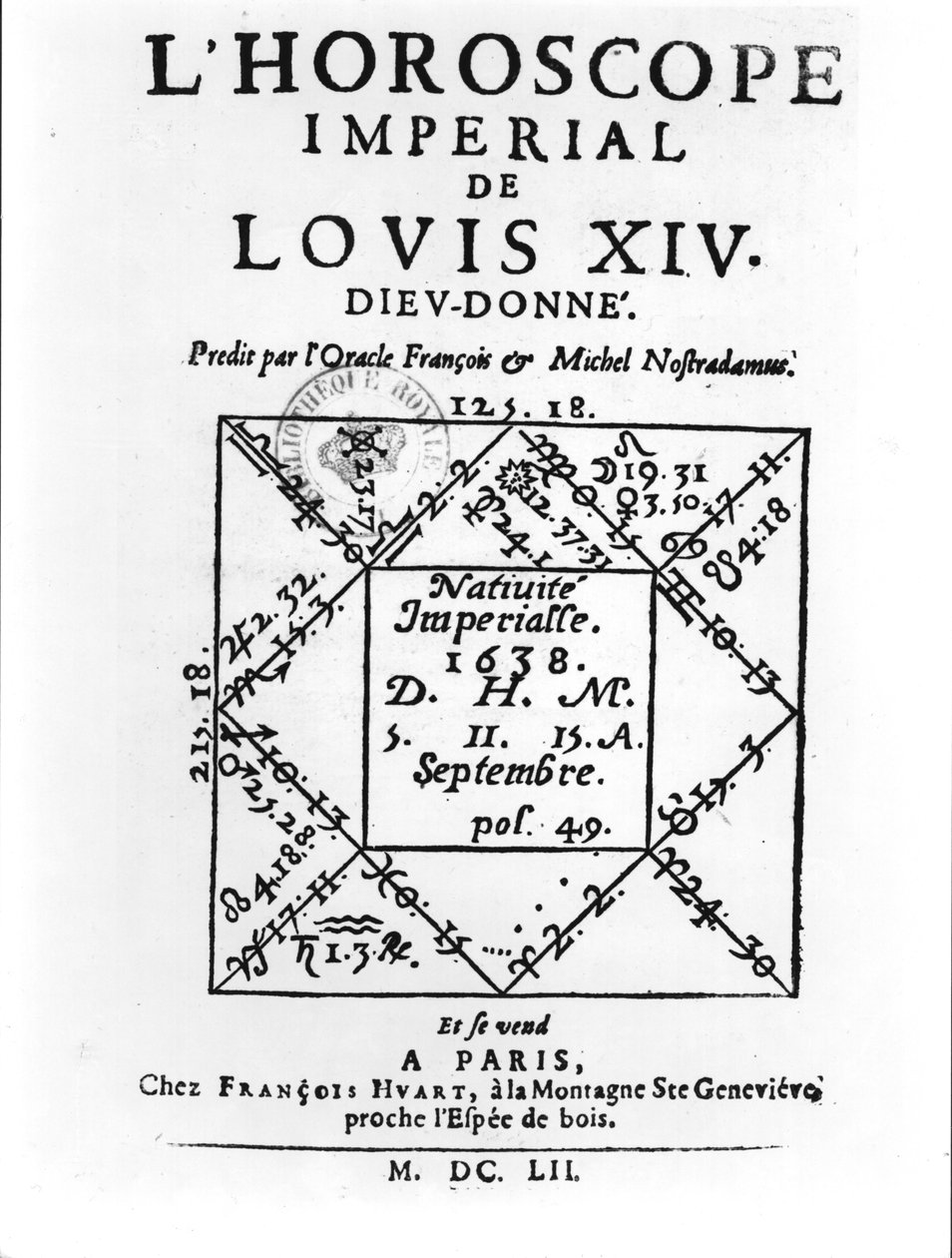 Imperial Horoscope of Louis XIV (1638-1715) by Michel Nostradamus (1503-66) published by Francois Huart in Paris 1652 by French School