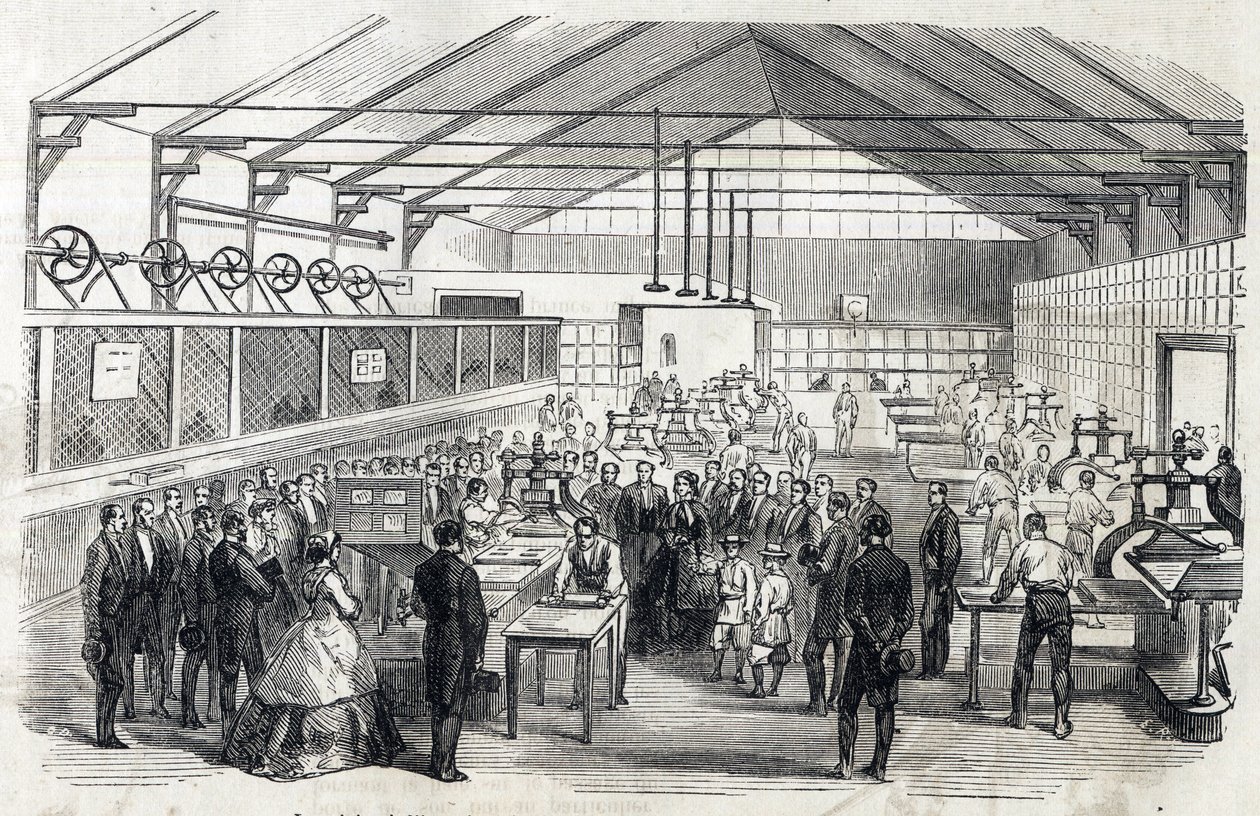 Empress Eugenie and Imperial Prince visit the Banque de France, 23 June 1866 - printing of banknotes - engraving in Le MONDE Illustre DU 07/07/1866 by French School
