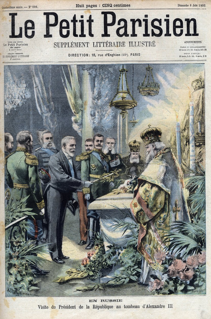 In Russia: visit of President Emile Loubet (1838-1929) to the tomb of Alexander III (1845-1894), Emperor of Russia, in 