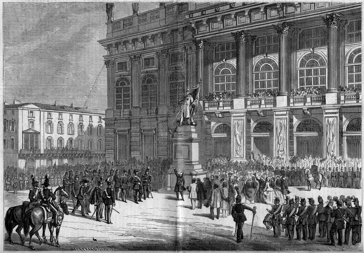 Inauguration of the Sardinian monument by Vincenzo Vela (1820-1891), at the Chateau Square in Turin (Italy) on 10 April 1859. Behind the statue is the Palazzo Madama. Based on Mr. Ferry