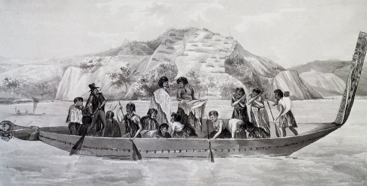 Indigenous New Zealanders on Pirogue with Fortified Village in Background by French School