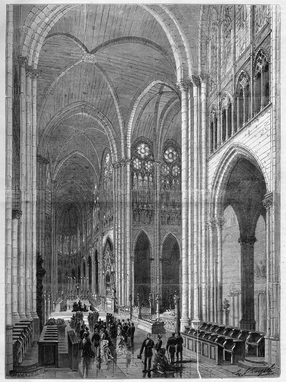 Interior of the Basilica Saint Denis (Saint Denis) restored after the plans of Eugene Viollet-le-Duc (Viollet le Duc) (1814-1879). Engraving in "The Illustrous Universe" by French School