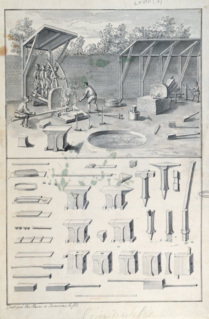 Iron forge, drawing for the Description des Arts et Métiers, by L. Simonneau, which inspired Diderot for the Encyclopédie by French School