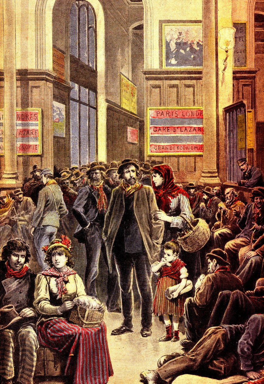 Italian emigrants in Paris in the Gare Saint Lazare railway station in March 1896 (engraving) by French School