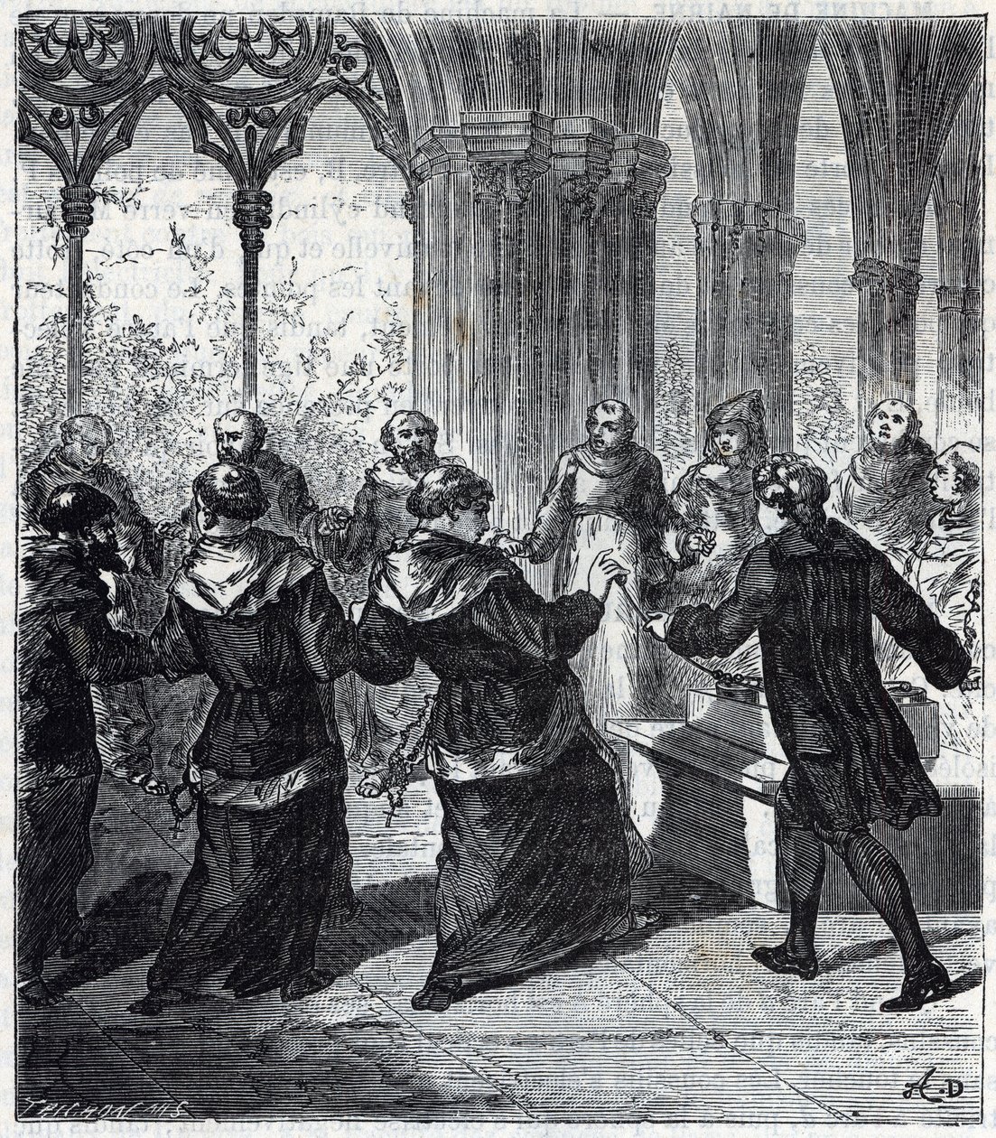 JEAN ANTOINE NOLLET (1700-1770) gave an electric concussion to the religious of a convent in Carthusian - Engraving in Sciences brought to the reach of all - physics and chemistry by Alexis Clerc - Late 19th century - Private collection by French School