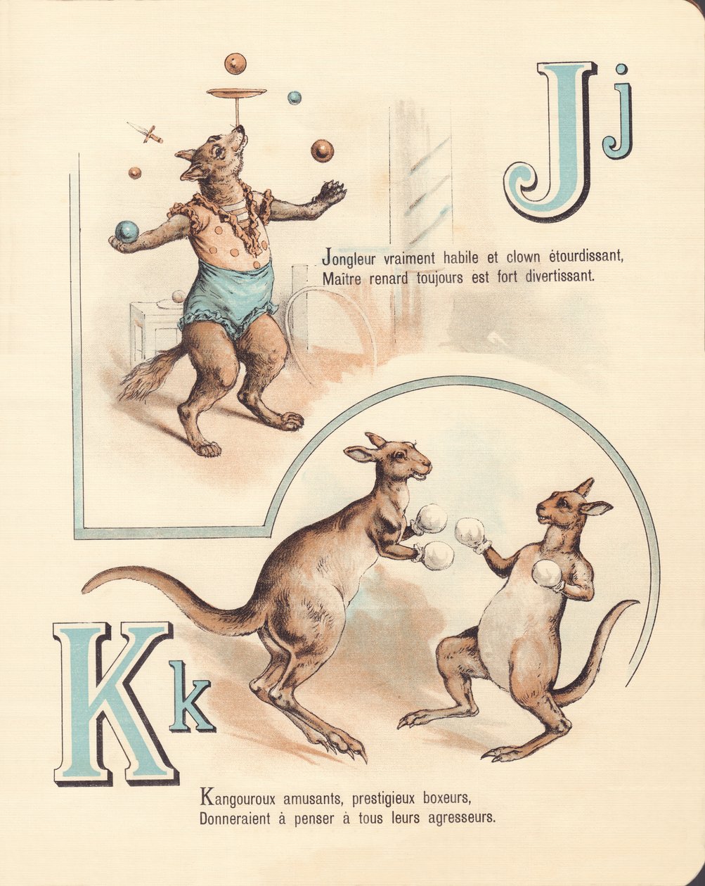 Joyful fox, juggler, kangaroo, kickboxing by French School