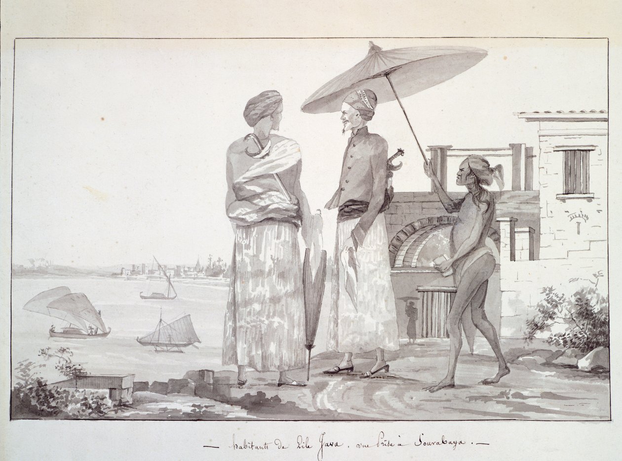 Java Island Inhabitants on the Way to Surabaya, Illustration from Voyage Round the World by French School