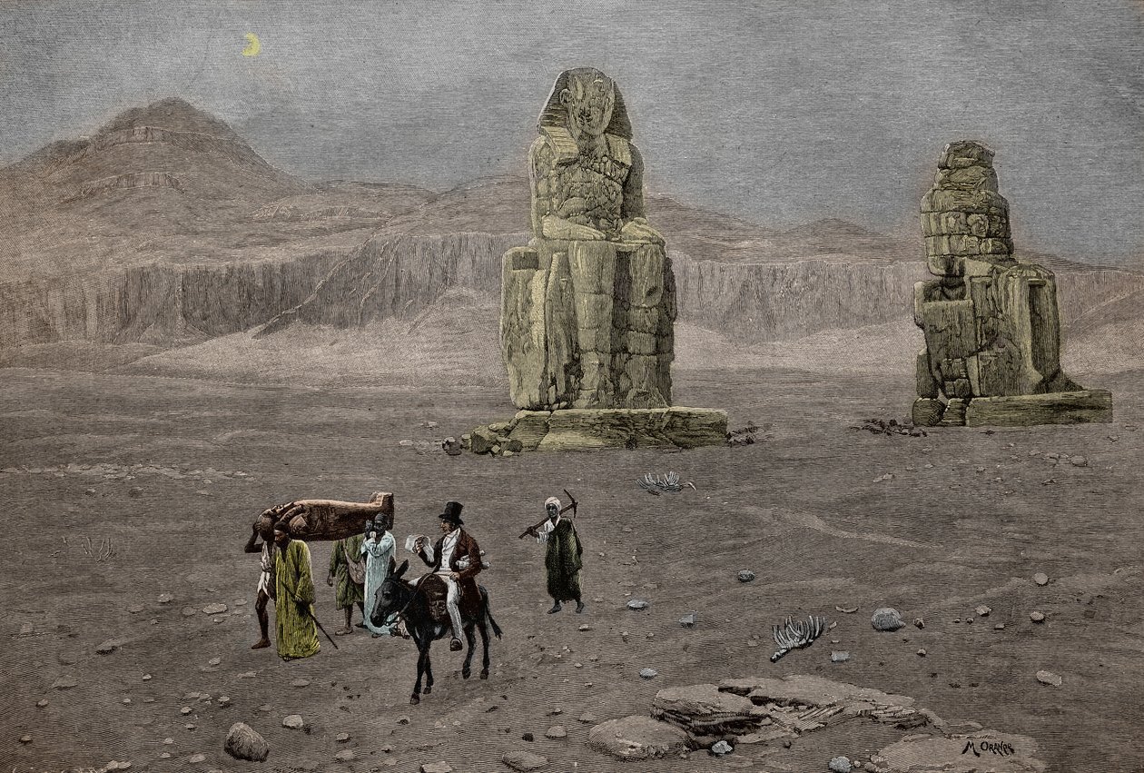 Jean Francois Champollion at the Colossi of Memnon, Egypt (engraving) by French School