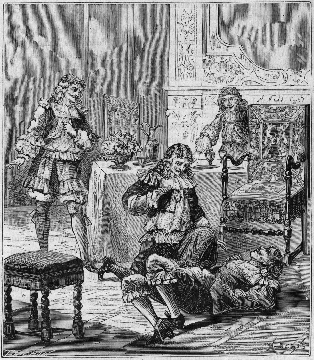 Jean de Santeul (1630-1697) poisons with a glass of wine in which tobacco from Spain had been put - Engraving in 
